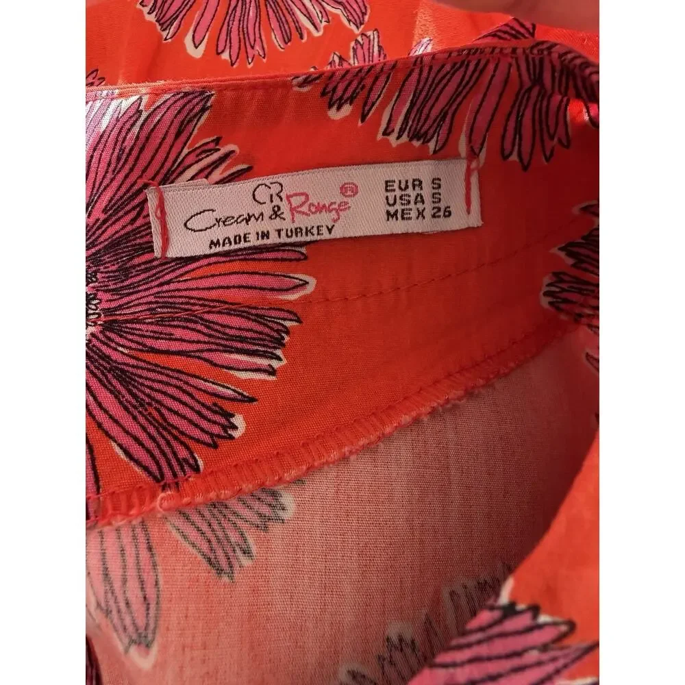 Orange Floral Midi Dress Cottagecore Prairie Empire Waist 3/4 Sleeve Boho S